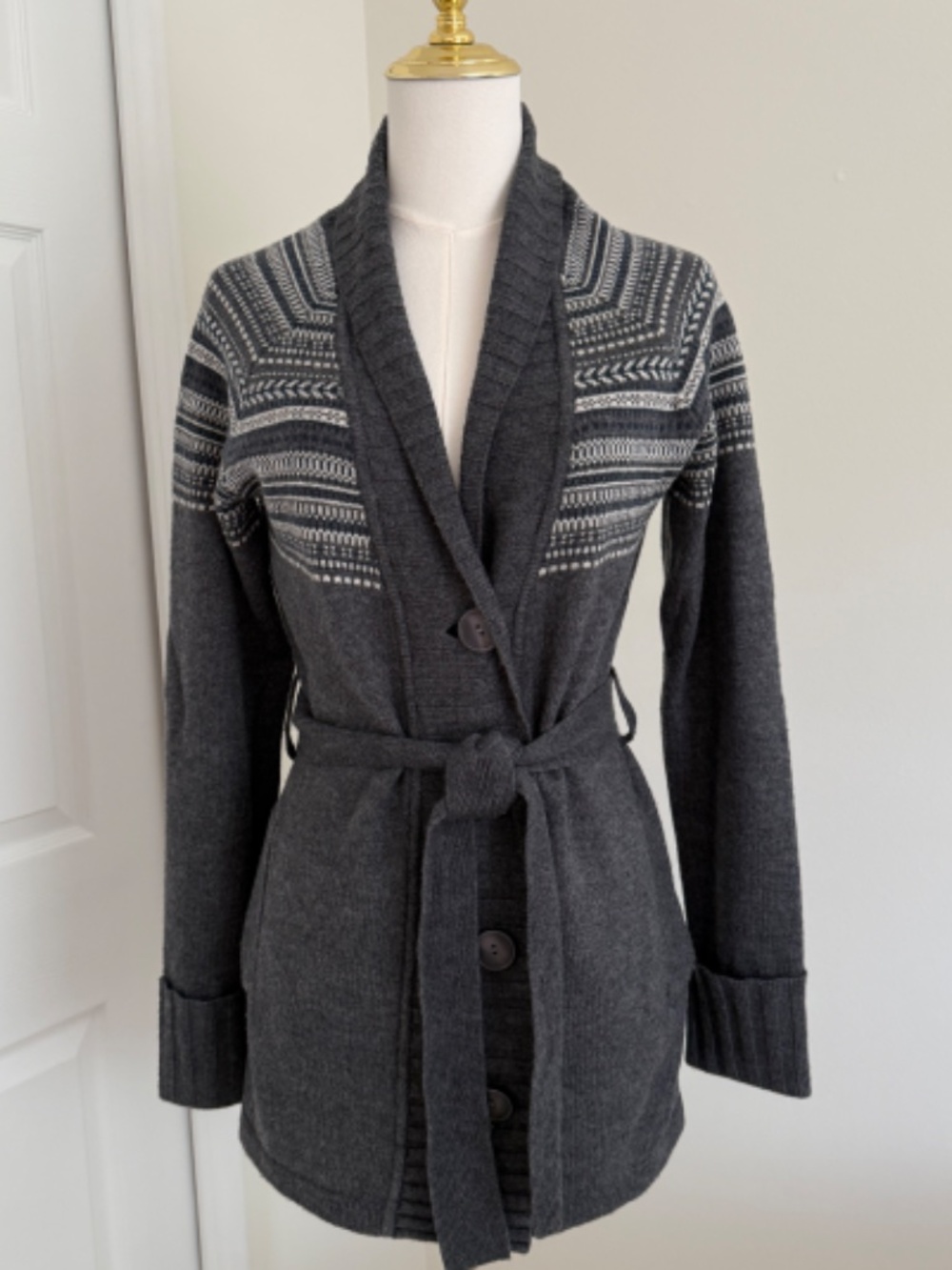 Patagonia Nordic Sweater Lambswool Belted Cardigan Fair Isle Gray S